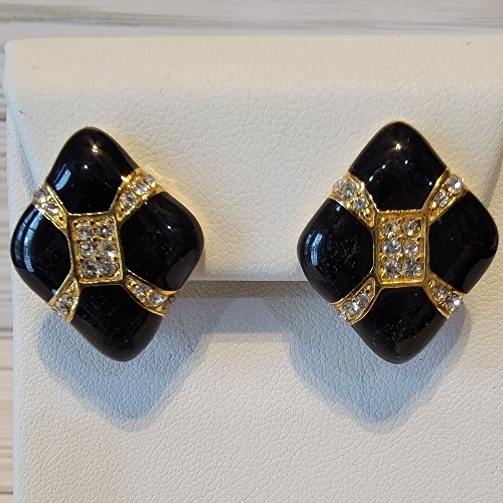 Vintage Black Enamel Clear Rhinestone Gold Tone Statement Clip On Earrings